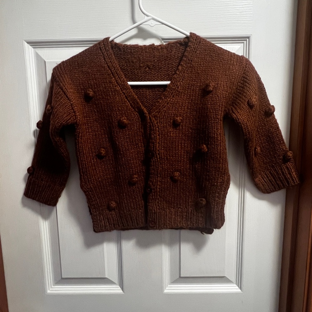 Brown Knit Cardigan with Pom Pom Details